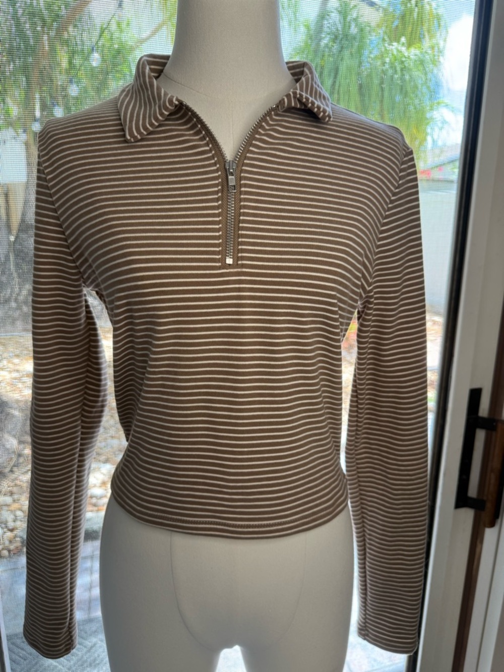 HYFVE Brown and White Striped Half-Zip Long Sleeve Top NWOT